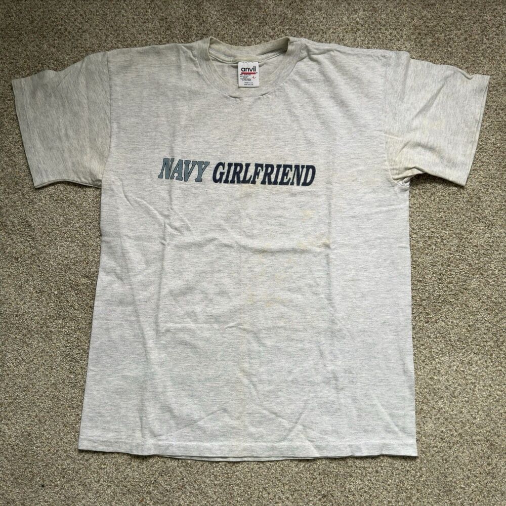 Vintage Navy Girlfriend Graphic t-Shirt Anvil Made In USA Large Gray 90s Y2K L